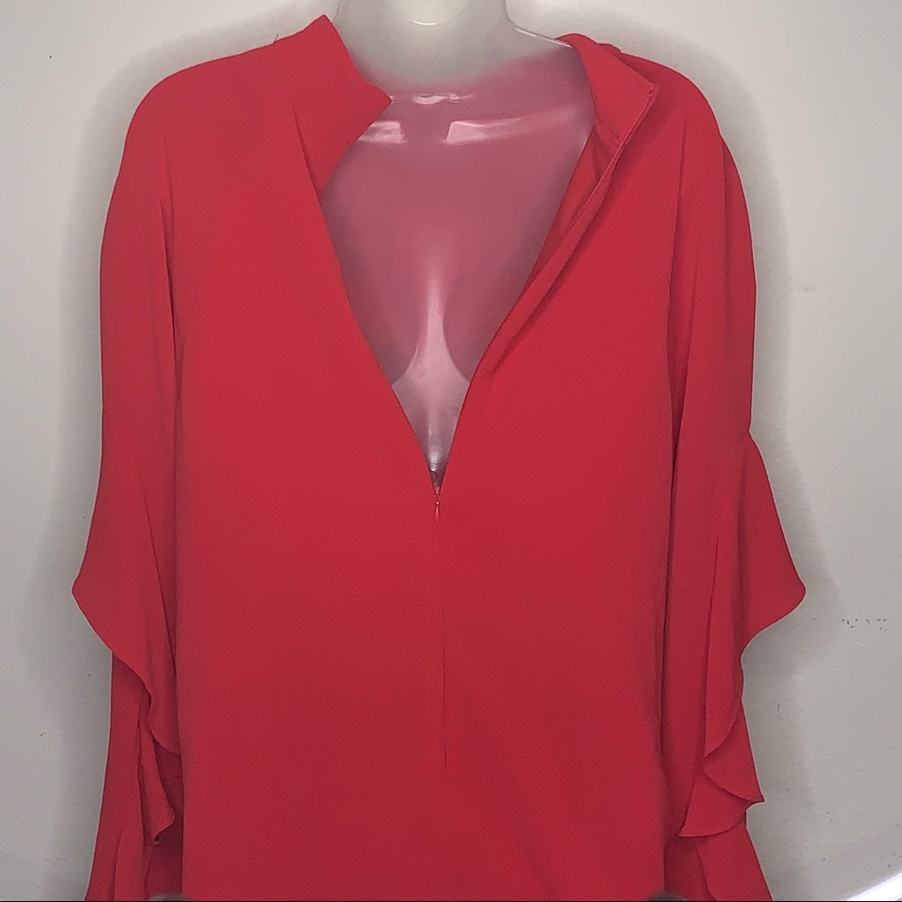 💥 SOLD💥Maggy London Ruffle Sleeve Mock Neck Red Cocktail Dress 10 - Picture 5 of 11